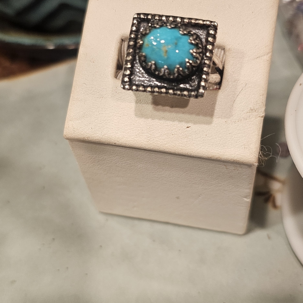 Turquoise Stone Square Silver Ring Size 10.5
